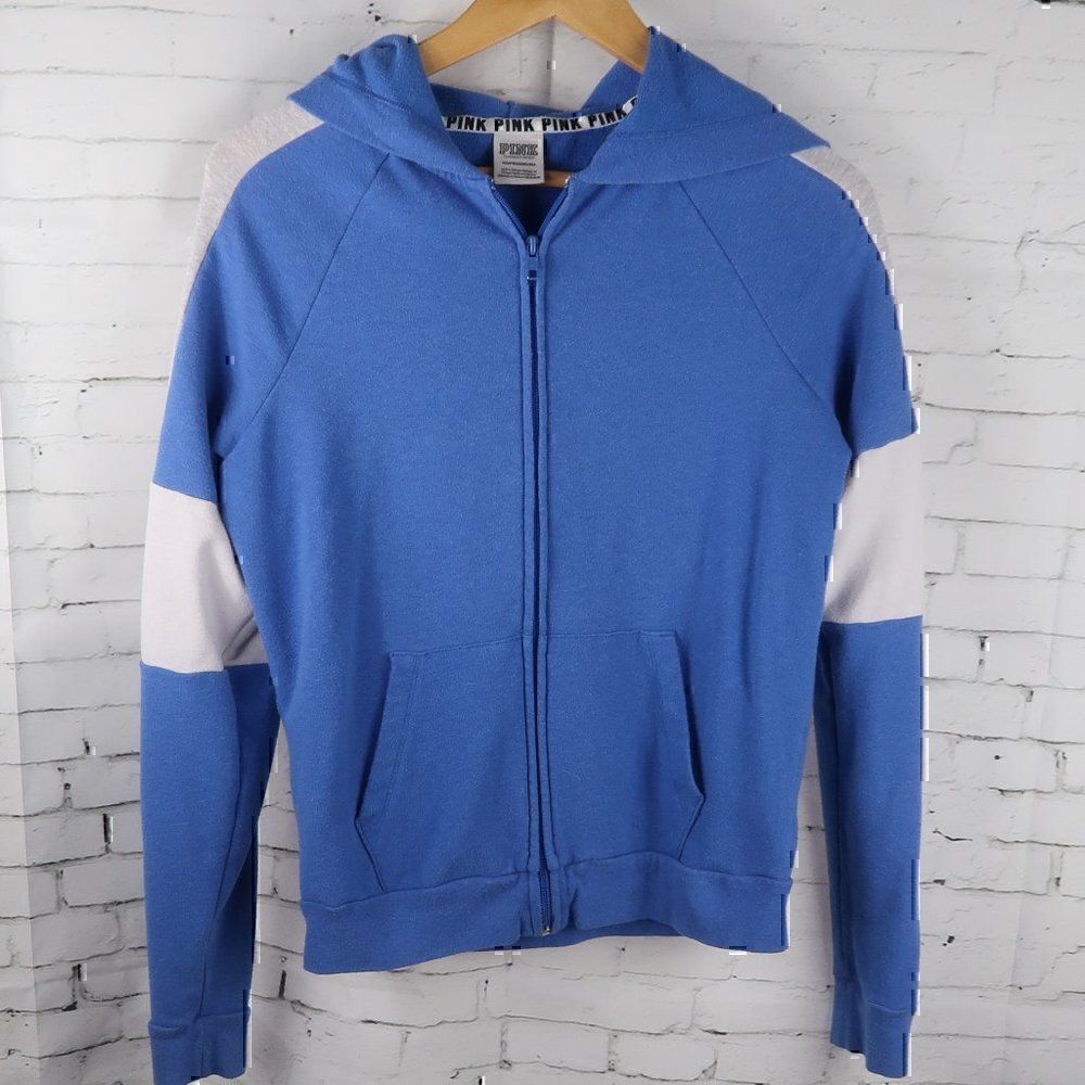 PINK VICTORIA'S SECRET BLUE WHITE FULL ZIP HOODED LOGO SWEATSHIRT WOMENS SIZE XS